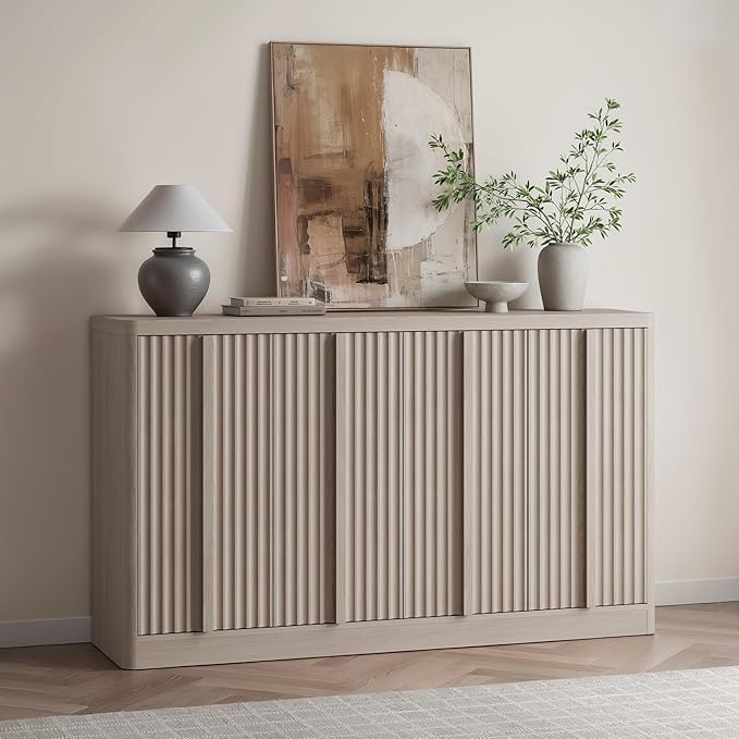 Fluted Buffet Cabinet with Storage, 60"Sideboard Buffet Cabinet with 4 Door-Modern Credenza Storage Cabinets with Adjustable Shelves, Solid Wood Handles for Kitchen Living Room, White Alder(1PC)