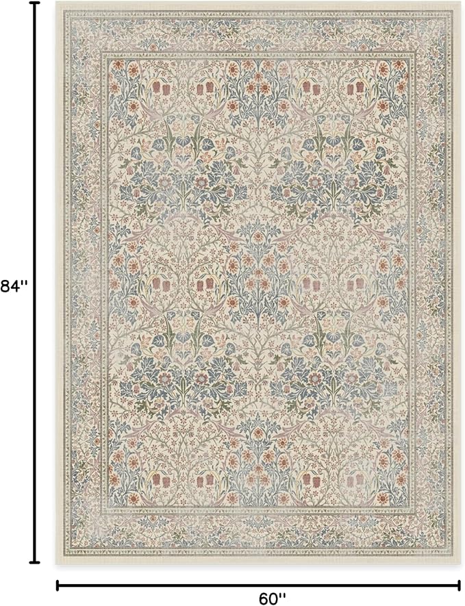 RUGGABLE x Morris & Co Washable Area Rug – Blackthorn Ivory Blue 5x7, Stain-Resistant, Non-Slip – Medium Machine Washable Rugs for Living Room, Bedroom, Hallway, Entryway & Office–with Cushioned Pad