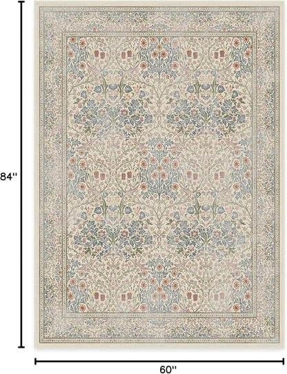 RUGGABLE x Morris & Co Washable Area Rug – Blackthorn Ivory Blue 5x7, Stain-Resistant, Non-Slip – Medium Machine Washable Rugs for Living Room, Bedroom, Hallway, Entryway & Office–with Cushioned Pad