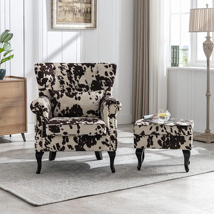 Accent Reading Arm Chairs with Ottoman for Living Room Bedroom, Midcentury Modern Comfy Corner Sofa Chair, Wingback Waiting Room Club Chair with Button Tufted Back &Lumbar Pillow, Fabric Cow