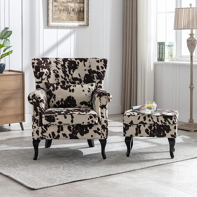 Accent Reading Arm Chairs with Ottoman Set of 2 for Living Room Bedroom, Midcentury Modern Corner Sofa Chair, Wingback Waiting Room Club Chair with Tufted Back &Lumbar Pillow, Fabric Cow