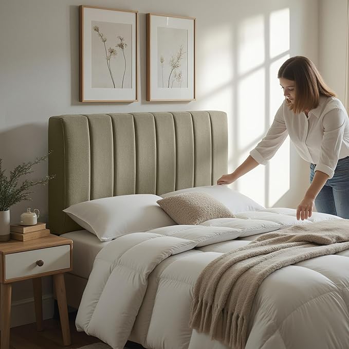 Upholstered King Headboard - Easy Assemble Channel Stitched Headboard King Size Bed - Wall Mounted Headboards with 3D Soundproof Wall Panels Peel & Stick Floating Headboards, Olive Green