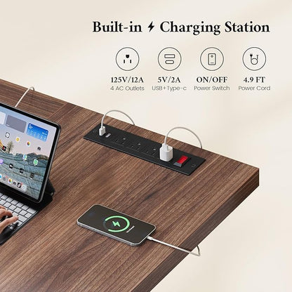 63 Inch Executive Desk, Large Computer Office Desks with Power Outlet, Modern Laptop Desk Writing Table Workstation Business Furniture (Brown)