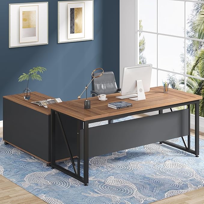 Tribesigns 63 inches Executive Desk and 47" lateral File Cabinet, L-Shaped Computer Desk Home Office Business Furniture with Drawers and Storage Shelves, Office Table,Brown and Black