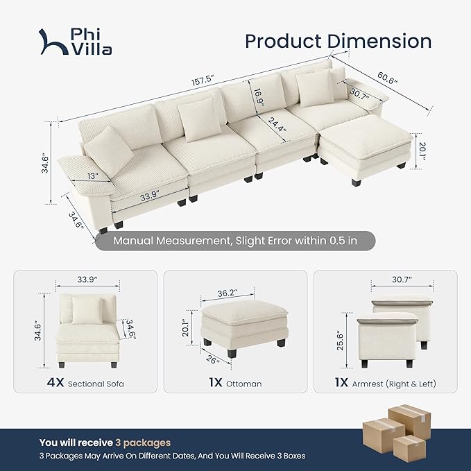 PHI VILLA Cloud Modular Couch Sets, 157.5" Sectional Sofa with L-Shaped Chaise Ottoman, 5-Seater Couches with Upholstered Deep Seat for Living Room Chenille Corduroy Dual Fabric, Beige