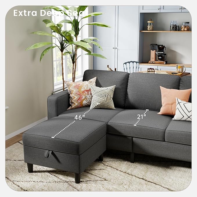 Sectional Sofa and Couches for Living Room, 78'' Dark Grey 3 Seat L-Shaped Couch with Movable Ottoman, Comfy Linen Convertible Sectionals Sofas with Chaise for Apartment, Office, Small Space