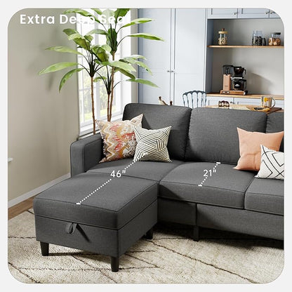 Sectional Sofa and Couches for Living Room, 78'' Dark Grey 3 Seat L-Shaped Couch with Movable Ottoman, Comfy Linen Convertible Sectionals Sofas with Chaise for Apartment, Office, Small Space