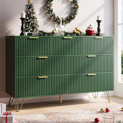 Green Dresser for Bedroom, 7 Drawer Dresser with Gold Pulls, Wide Chest of Drawers for Bedroom, Entryway, 47.2" L x 15.7" D x 31.4" H