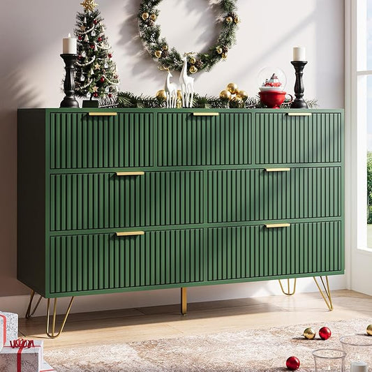 Green Dresser for Bedroom, 7 Drawer Dresser with Gold Pulls, Wide Chest of Drawers for Bedroom, Entryway, 47.2" L x 15.7" D x 31.4" H