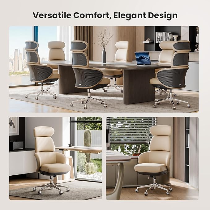 EUREKA ERGONOMIC Royal Rowan Leather Desk Chair, Microfiber PU Leather Office Chair with Wheels and Headrest, High Back Office Chair, Executive Office Chair Comfy for Home & Office, Off-White