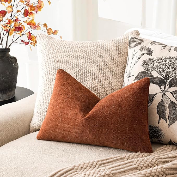 Foindtower Pack of 2 Soft Textured Throw Decorative Pillow Covers Lumbar Accent Solid Cushion Cover Cozy Farmhouse Pillow Case with Zipper for Couch Sofa Bed Living Room 12x20 Inch, Burnt Orange