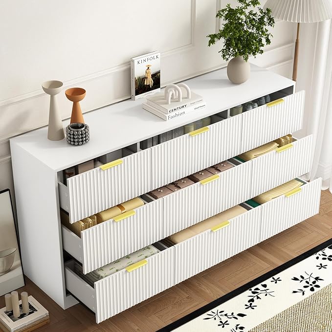 3-Piece Modern Bedroom Furniture Set, Wide 9-Drawer Dresser & 1-Drawer Nightstands Set of 2, Natural Wood Dresser and Nightstand Sets for Bedroom, Hallway, White