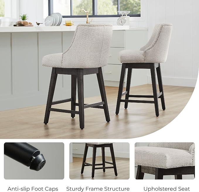 CHITA Counter Height Swivel Bar Stools Set of 2, FSC Certified Upholstered Counter Stools, Modern Swivel Barstools with Wood Legs for Kitchen Island, 26" Seat Height, Fabric in Ivory