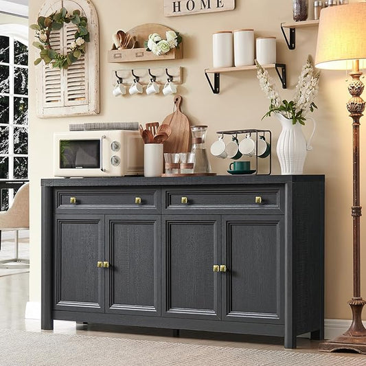 Farmhouse Buffet Cabinet, 59" Large Sideboard Buffet Credenza Storage with Shelves & 4 Doors, Rustic Wood Coffee Bar Console for Kitchen, Living Room, Black