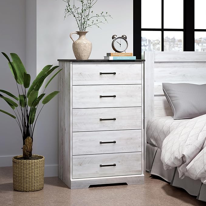 Prepac Rustic Ridge Farmhouse Dresser, Washed White Dresser for Bedroom, Chest of Drawers with 5 Drawers 18.5" D x 27.5" W x 43.5" H, ABDR-1605-1