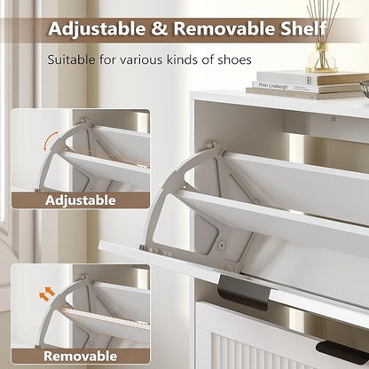 Shoe Cabinet for Entryway with 2 Flip Drawers, Slim Wooden Shoe Storage Organizer with Modern Fluted Pannel，Freestanding Narrow Hidden Shoe Rack for Hallway, Foyer, Living Room