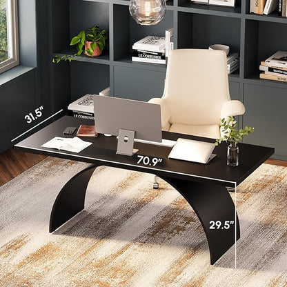 homary 70.9" Industrial Executive Desk, Black Top Desk Modern Home Desk with Arched Design Legs for Study, Office, Home Office