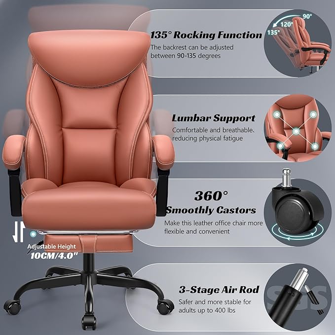 Office Chair, Executive Leather Chair Big and Tall Ergonomic Computer Desk Chair, Comfy Swivel Rolling Reclining Lumbar Support Task Chair with Adjustable High Back Foot Rest for Home Gaming