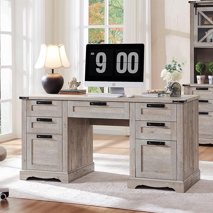 RedLemon 60" Farmhouse Executive Desk with Drawers, Wood Home Office Desk w/Charging Station, Keyboard Tray, File Drawer, Storage Cabinet, Rustic Computer Writing Desk (Light Rustic Oak)