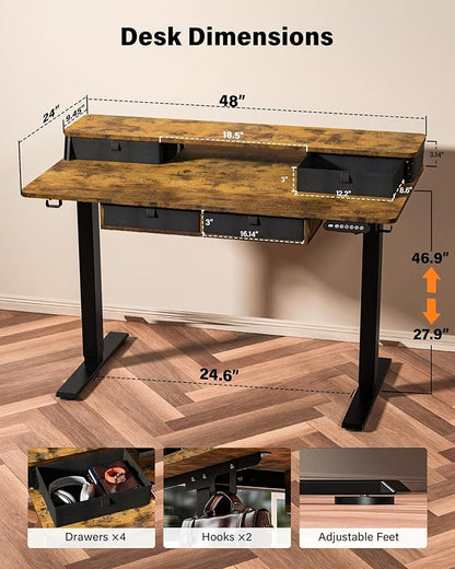FiCiHi Adjustable Height Standing Desk with 4 Drawers,48 x 24 inches Electric Sit Stand Home Office Desk with Two Tiers, 3 Memory Presets, Monitor Stand Riser