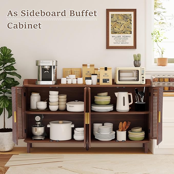 4 Doors Storage Cabinet, 2 Tier Wooden Storage Organizer Cabinet with Adjustable Shelf, Sideboard Buffet Cabinets with Iron Curved Doors Accent Shoe Rack for Entryway Hallway Living Room (Walnut)