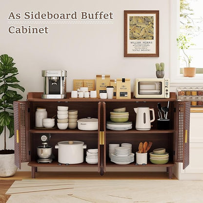 4 Doors Storage Cabinet, 2 Tier Wooden Storage Organizer Cabinet with Adjustable Shelf, Sideboard Buffet Cabinets with Iron Curved Doors Accent Shoe Rack for Entryway Hallway Living Room (Walnut)