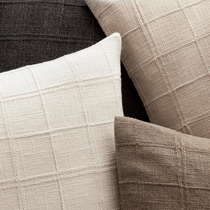 Foindtower Set of 2 Decorative Linen Check Throw Pillow Covers Neutral Farmhouse Lumbar Cushion Covers Modern Boho Home Decor for Sofa Chair Couch Bedroom Living Room,12×20 Inch,Natural Linen