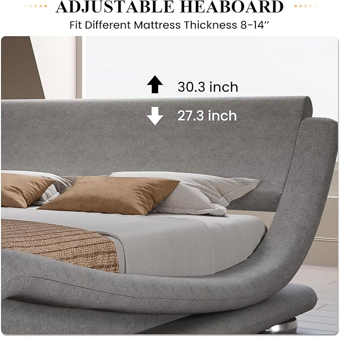 SHA CERLIN King Size Upholstered Bed Frame, Deluxe Low Profile Sleigh Bed with Linen Ergonomics Headboard, No Box Spring Needed & Easy Assembly, Grey