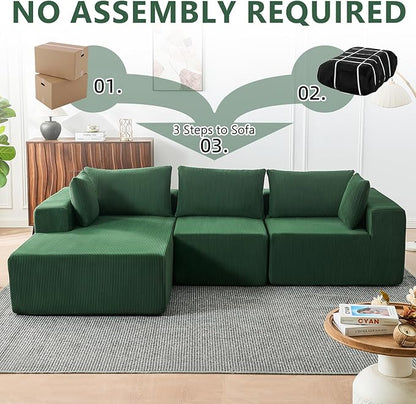 109" Cloud Sectional Couch, Boneless Couches for Living Room, Modular Sectional Sofa with Deep Seat, L-Shape Couch with Chaise, Comfy Corduroy Fluffy Modern Modular Sofa, No Assembly Required, Green