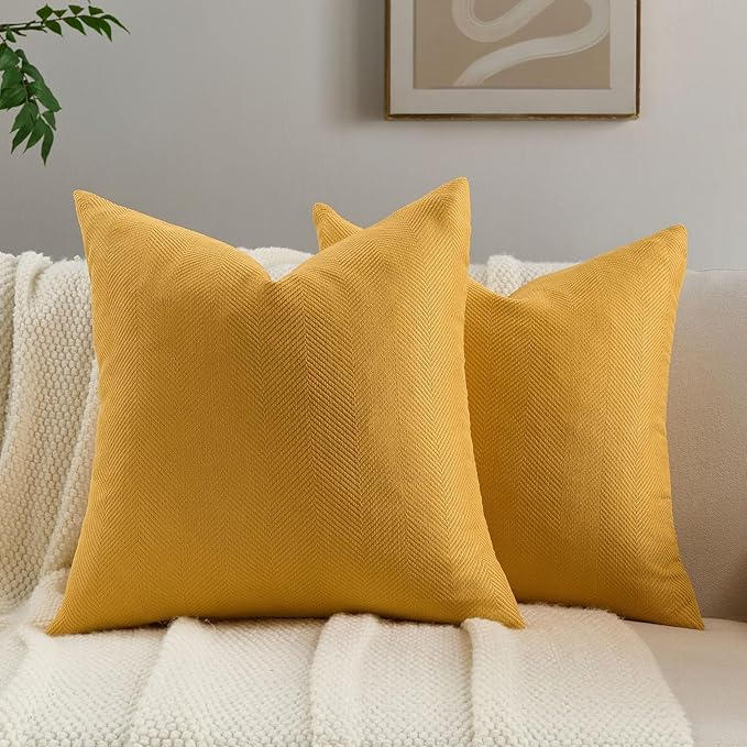 FUTEI Mustard Yellow Chenille Throw Pillow Covers 16x16 Inch Set of 2,Soft Wide Chevron Textured Cushion Case,Farmhouse Home Decor for Couch Bed Living Room