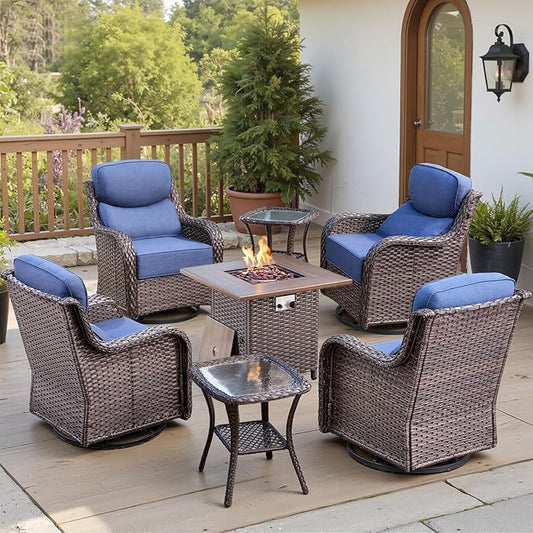 Belord Luxury 6" Thick Cushioned Outdoor Swivel Rocker Chairs Set of 4 with Fire Pit Table, High Back Wicker Patio Furniture Set with Ergonomic Zone Back, Conversation Set for Deck Porch - Brown+Blue