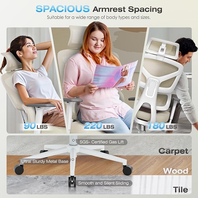 Ergonomic Office Chair, High Back Mesh Desk Chair with 4-Position Height Adjustable Back, 3D Armrests, Adaptive Lumbar Support, 3-Level Tilt Function, 3D Headrest, Comfy Computer Gaming Chairs