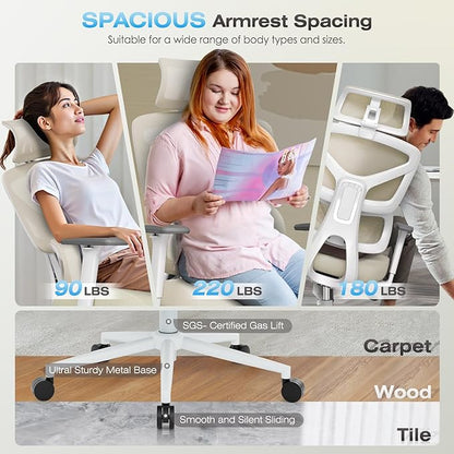 Ergonomic Office Chair, High Back Mesh Desk Chair with 4-Position Height Adjustable Back, 3D Armrests, Adaptive Lumbar Support, 3-Level Tilt Function, 3D Headrest, Comfy Computer Gaming Chairs