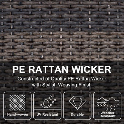 HUMMUH 3 Pieces Patio Furniture Set Outdoor Wicker Bistro Rattan Chairs with Glass Top Side Table and Thickened Cushions for Porch Deck Backyard Poolside
