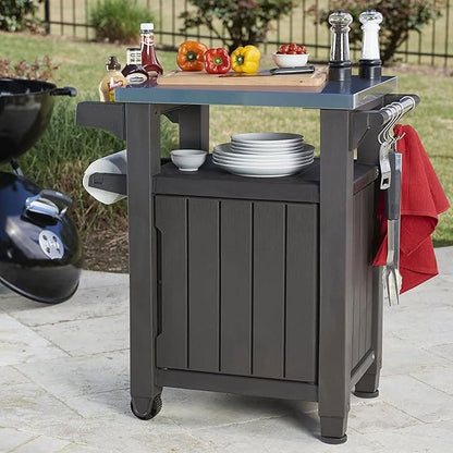 Keter Unity Portable 40 Gal Outdoor Table and Storage Cabinet w/Accessory Hooks, Stainless Steel Top for Patio Kitchen Island or Bar Cart, Dark Brown