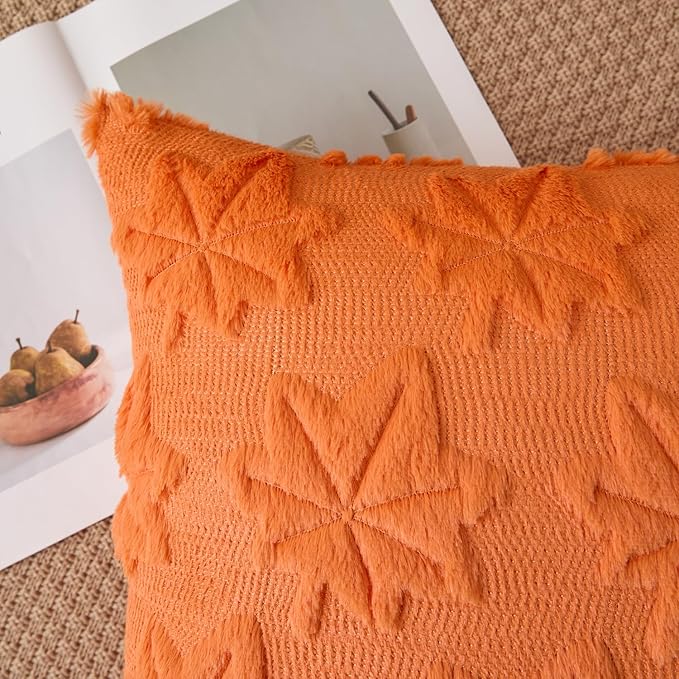 Kevin Textile Maple Leaf Pillow Covers 18x18 Inch Set of 2 Fallen Leaves Embroidery Decor Soft Plush Faux Fur Throw Pillows Pillowcases for Holiday Harvest Decor Sofa Couch Bedroom, Orange