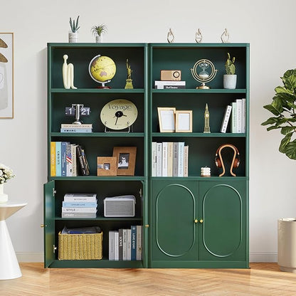 70.8" Tall Fluted Bookshelf with Storage Cabinet Set of 2, Modern 5-Tier Wood Bookcase with Open Display Storage Shelf, Gold Handles for Office Living Room (Green)