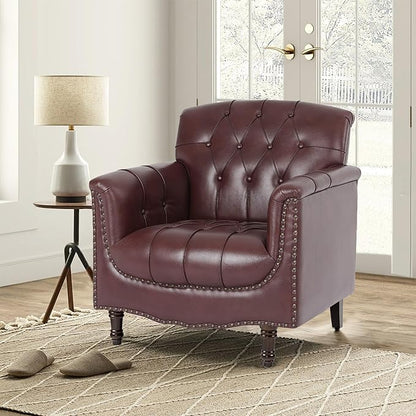 Faux Leather Accent Chair, PU Leather Modern Comfy Upholstered Armchair with Wood Legs & Nailhead Trim for Living Room, Bedroom