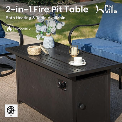 PHI VILLA 8 PCS Patio Furniture Set with Fire Pit Table,Metal Outdoor Furniture with 1 x 3-Seat Bench Sofa, 2 x Swivel Sofa Chairs, 2 x Leg Chair & 2 x Ottoman, Modern Patio Set, Peacock Blue