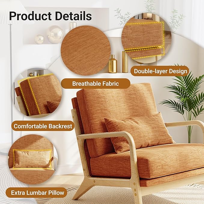Claiks Mid-Century Modern Accent Chair, Living Room Armchair with Solid Wood Frame & Lumbar Pillow, Comfy Upholstered Lounge Chair for Bedroom, Office, Linen-Like Fabric, Orange