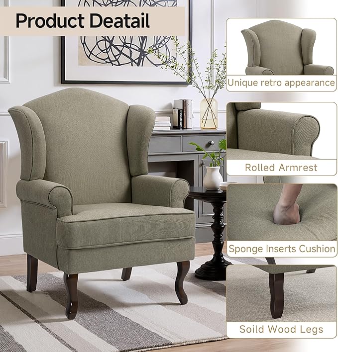 Pia Ricco Set of 2 High Back Accent Chairs: Upholstered Fabric Armchairs with Solid Wood Legs - Retro Living Room Pair, Comfy Reading Sofa Seats-Moss Grey