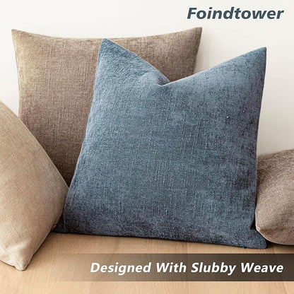 Foindtower Pack of 2 Soft Textured Chenille Throw Decorative Pillow Covers Square Accent Solid Cushion Cover Cozy Neutral Farmhouse Pillow Case for Couch Sofa Bedroom Living Room 16x16 Inch,Blue