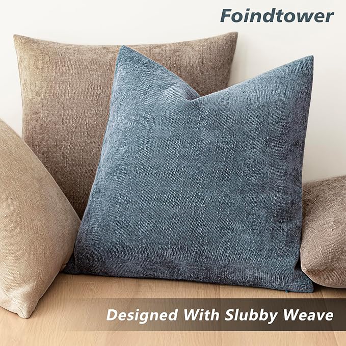 Foindtower Pack of 2 Soft Textured Chenille Throw Decorative Pillow Covers Square Accent Solid Cushion Cover Cozy Neutral Farmhouse Pillow Case for Couch Sofa Bedroom Living Room 26x26 Inch,Blue
