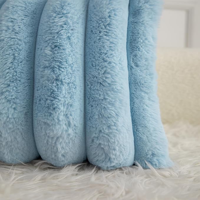 Neelvin Blue Faux Fur Cozy Soft Striped Decorative Throw Pillow Covers 18x18 inch Set of 2,Velvet Pillowcase Cushion Case for Sofa Couch