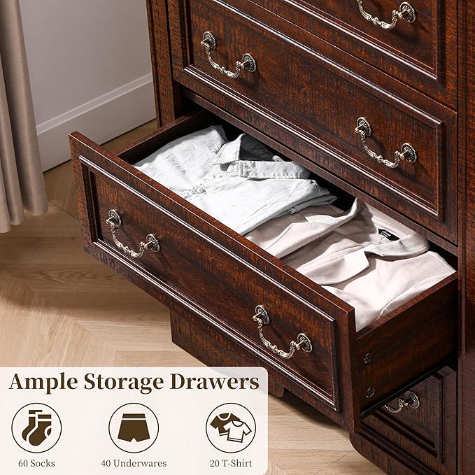 Dresser for Bedroom, 6 Drawers 48" Tall Dresser for Storage and Organization, Dark Brown Farmhouse Chest of Drawers for Living Room, Closet, Hallway
