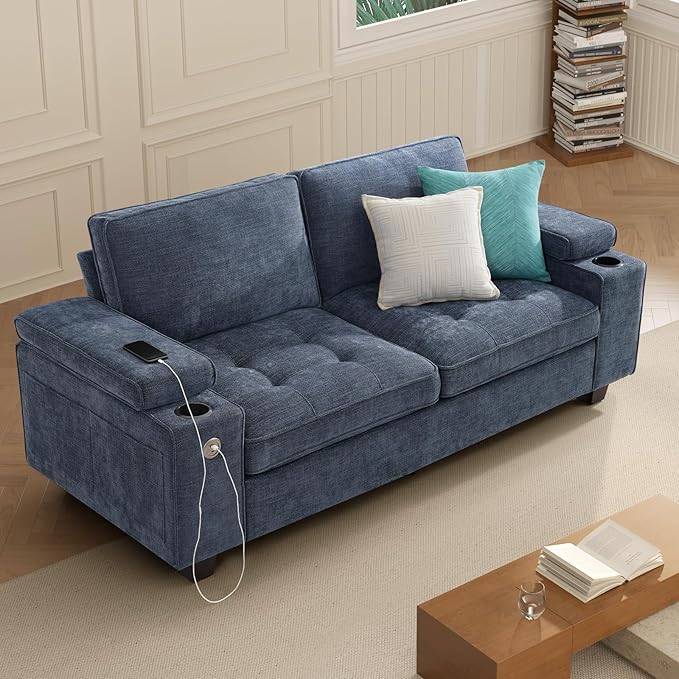 74" Loveseat Couch for Living Room,Modern Chenille Upholstered Sofa with Adjustable Storage Armrest,Cup Holders,USB & Type-C Ports, Solid Wood 2-Seater Loveseat Sofa for Apartment(Blue)