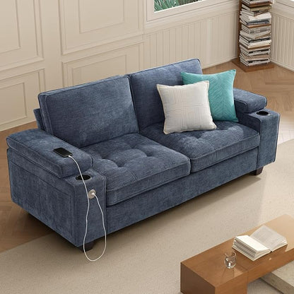 74" Loveseat Couch for Living Room,Modern Chenille Upholstered Sofa with Adjustable Storage Armrest,Cup Holders,USB & Type-C Ports, Solid Wood 2-Seater Loveseat Sofa for Apartment(Blue)