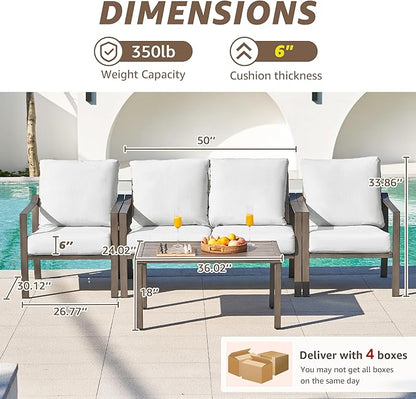 NATURAL EXPRESSIONS Patio Furniture 4 Piece Set,Outdoor Conversation Set Metal Patio Sectional Sofa with High Back Hand-Woven Rope Chairs by Hand Brushed Wood Grain Finish, 6" Cushion for Yard,Garden