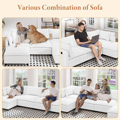 Vesgantti 143" U Shaped Sectional Modular Couch, Comfy Corduroy Upholstered Modular Cloud Sofas for Living Room, Modern Sectional Sofa with 2 Ottoman Deep Seat, Warm White
