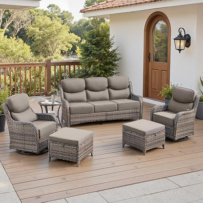 Belord Luxury 6" Thick Cushioned 6 Pieces Patio Furniture Set with Outdoor Couch, Wicker Outdoor Conversation Set with High Back Swivel Rocker Chairs for Deck Porch Yard and Poolside - Grey+Grey